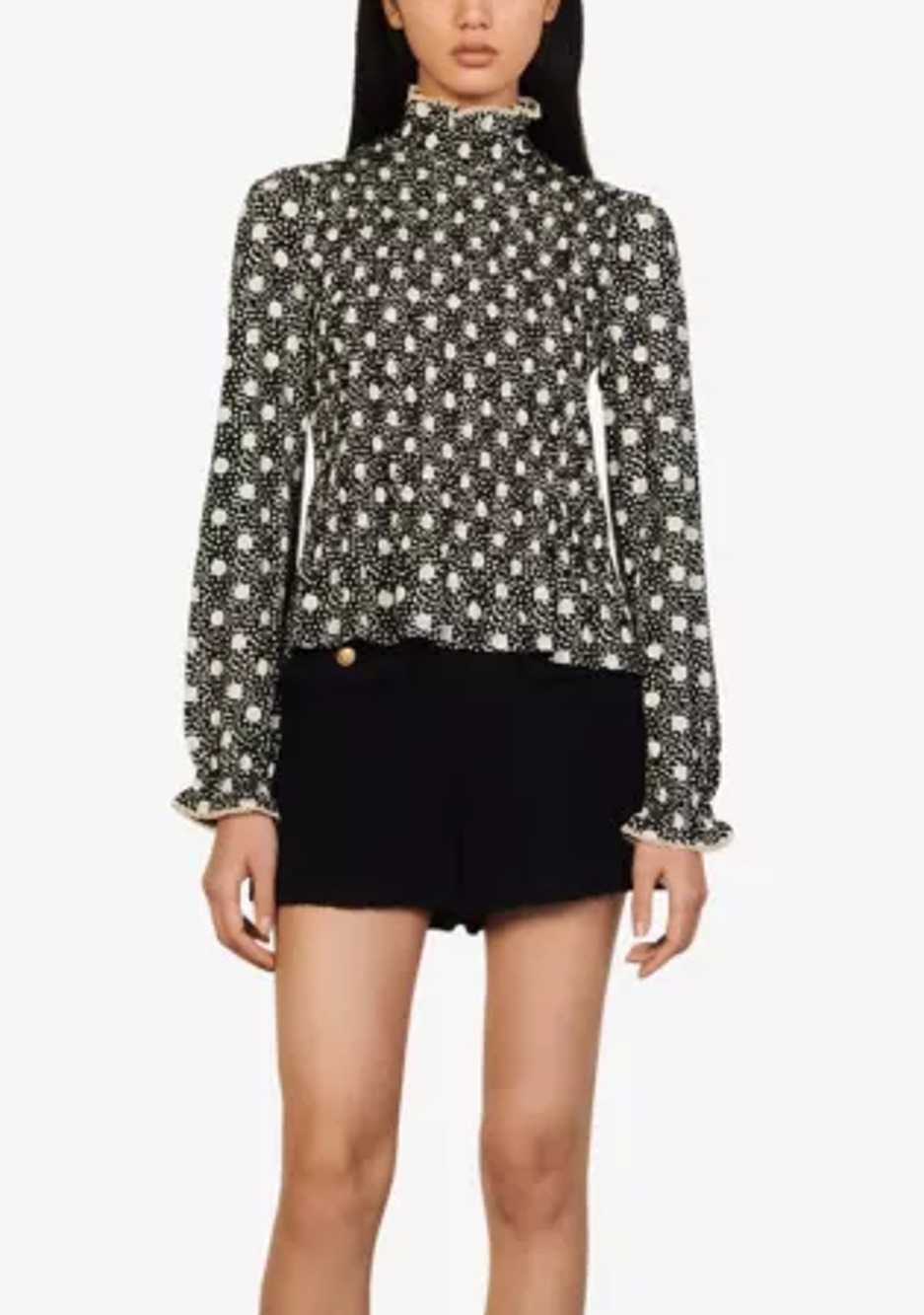 Sandro Paris Polka Dot Long Sleeve Smocked Blouse Top Black White Women's 1 / S